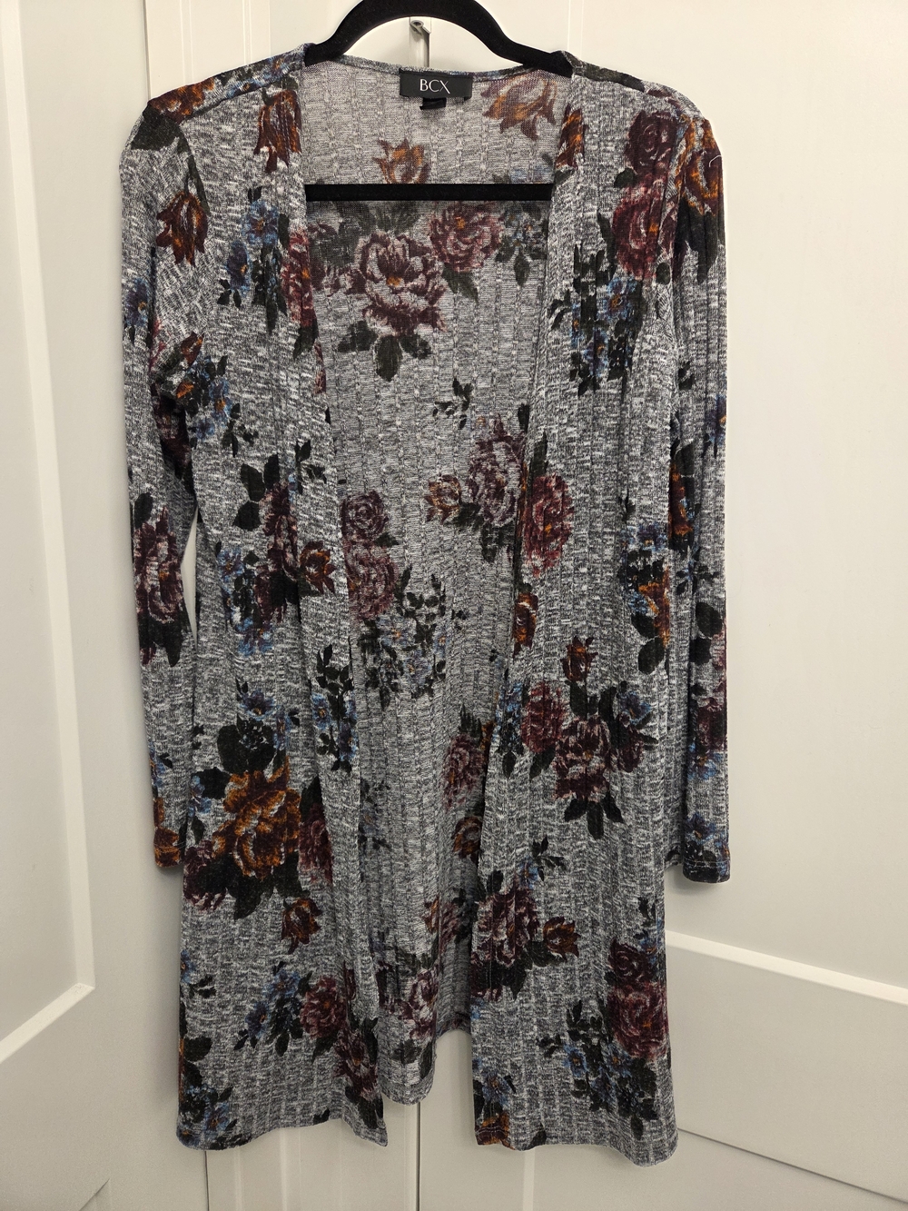 BCX Gray Floral Open-Front Long Sleeve Cardigan Dress